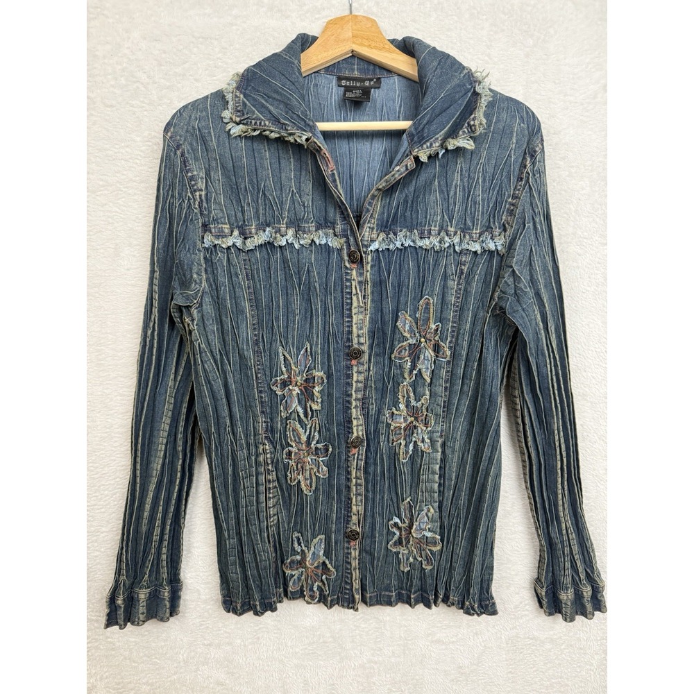 Tally Ho Y2K Denim Jacket L Floral Crinkle Frayed Boho Fairy Grunge Artsy 2000s